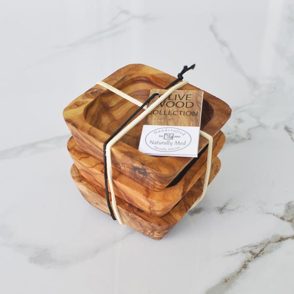naturally med Olive Wood Dipping Bowls – Square – Gift Set of 3 Bowls