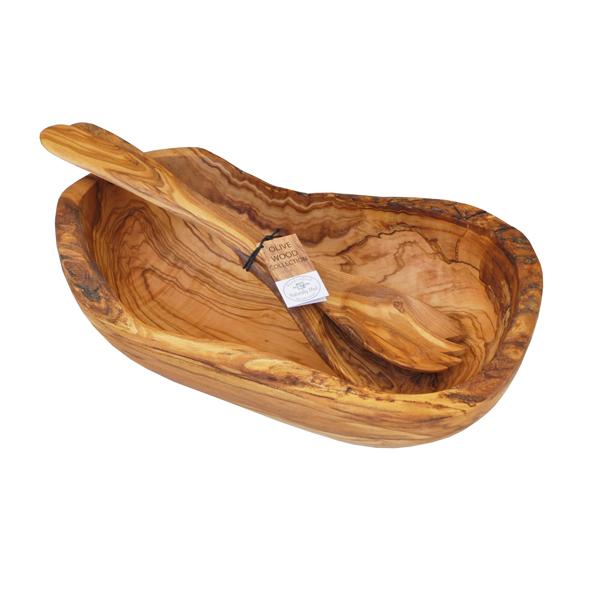 Naturally Med Olive Wood Gift Set Natural Boat Shaped Bowl And Salad Servers