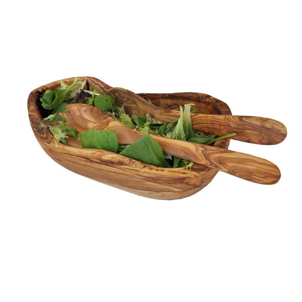 Naturally Med Olive Wood Gift Set Natural Boat Shaped Bowl And Salad Servers
