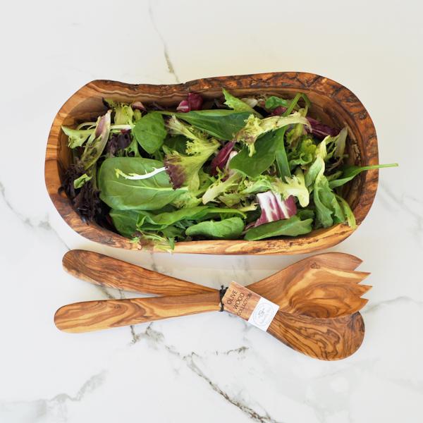 naturally med Olive Wood Gift Set Natural Boat Shaped Bowl and Salad Servers