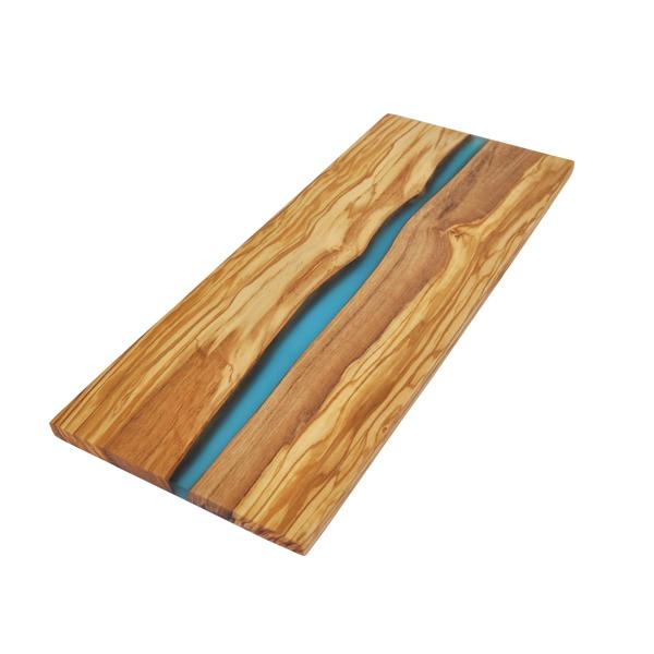 Naturally Med Olive Wood Rectangle Cutting Board With River Of Blue Resin – 15″ X 6″