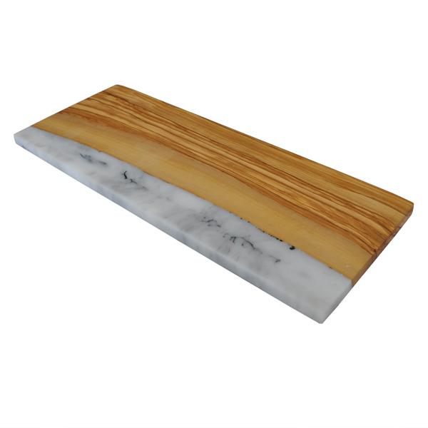Naturally Med Olive Wood Rectangle Cutting Board With White Marbled Resin Shoreline Edge – 18×7″