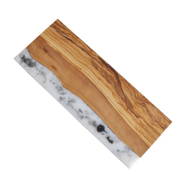Naturally Med Olive Wood Rectangle Cutting Board With White Marbled Resin Shoreline Edge – 18×7″