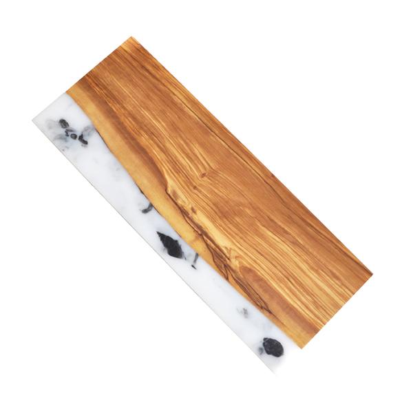 Naturally Med Olive Wood Rectangle Cutting Board With White Marbled Resin Shoreline Edge – 18×7″
