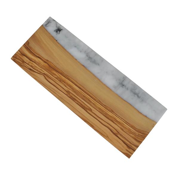 naturally med Olive Wood Rectangle Cutting Board with White Marbled Resin Shoreline Edge – 18×7″