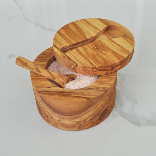 naturally med Olive Wood Salt Cellar (large) with Inset Spoon