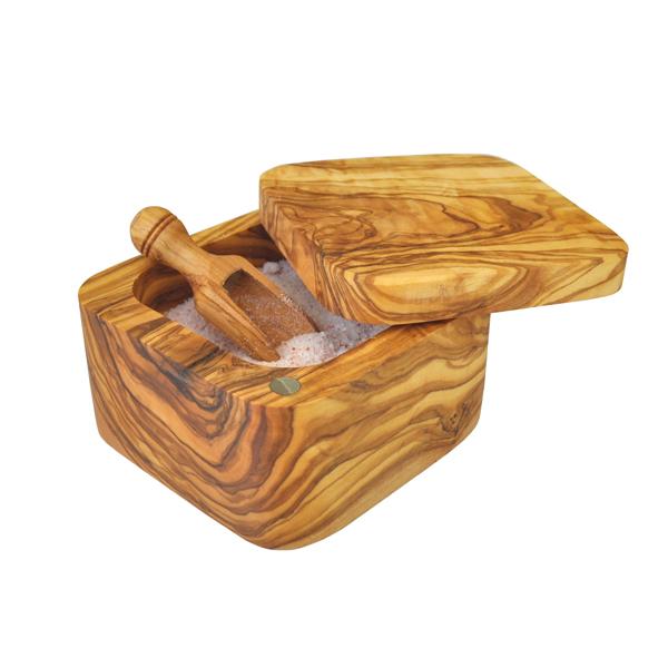 Naturally Med Olive Wood Salt Cellar – Square – With Magnetic Pivoting Lid