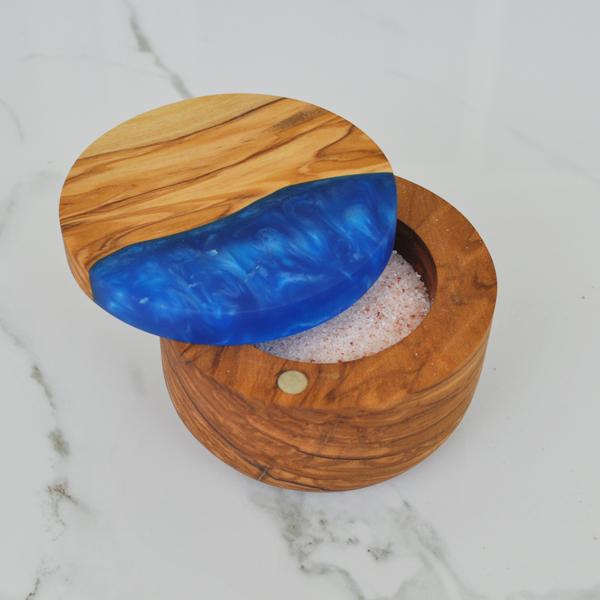 Naturally Med Olive Wood Salt Cellar With Blue Swirl Resin Lid