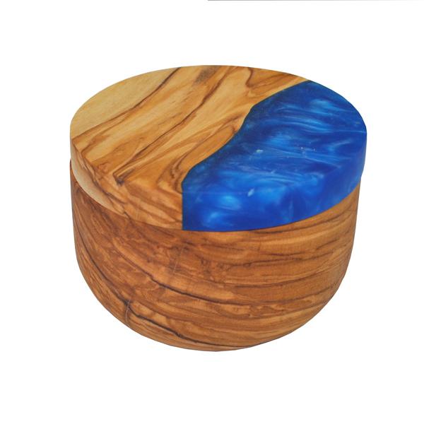 Naturally Med Olive Wood Salt Cellar With Blue Swirl Resin Lid