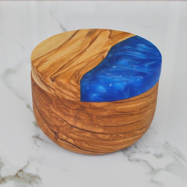 naturally med Olive Wood Salt Cellar With Blue Swirl Resin Lid