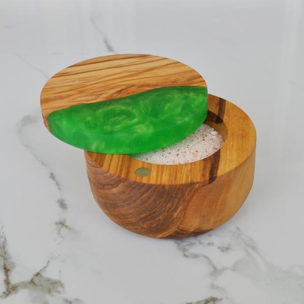Naturally Med Olive Wood Salt Cellar With Green Swirl Resin Lid