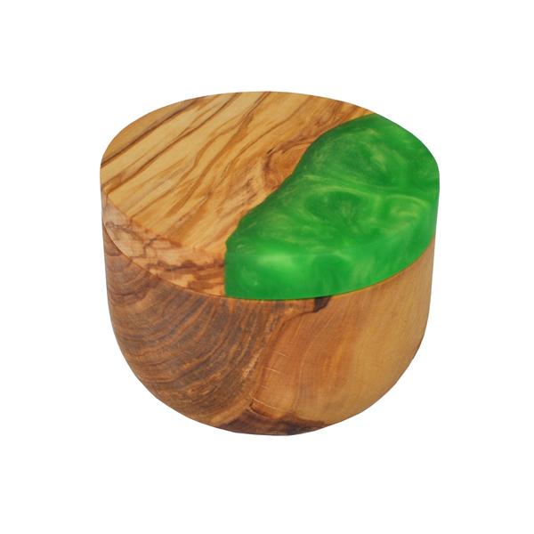 Naturally Med Olive Wood Salt Cellar With Green Swirl Resin Lid