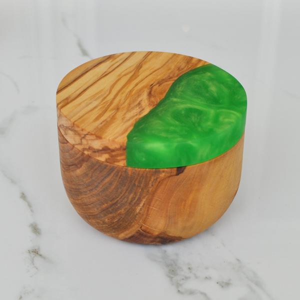 naturally med Olive Wood Salt Cellar With Green Swirl Resin Lid