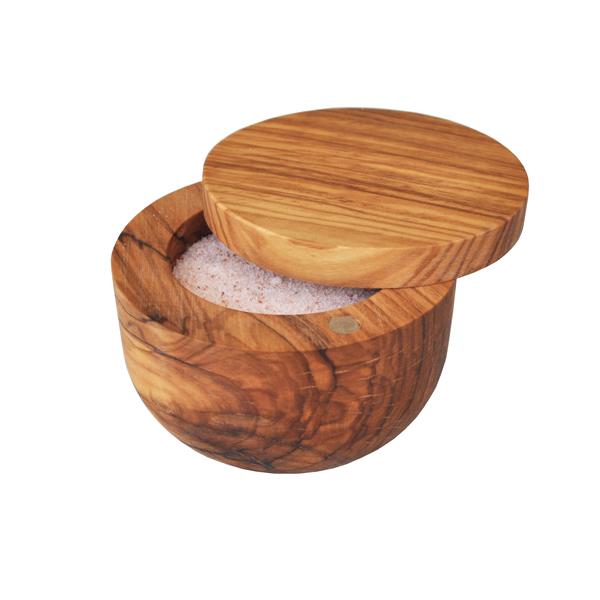 Naturally Med Olive Wood Salt Cellar With Magnetic Pivoting Lid
