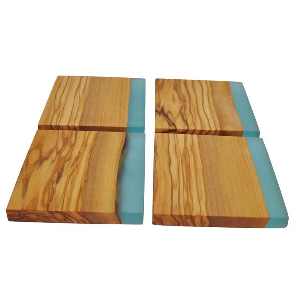 Naturally Med Olive Wood Square Coasters With Blue Resin Shoreline. Set Of 4