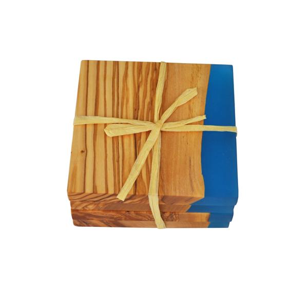 naturally med Olive Wood Square Coasters with Blue Resin Shoreline. Set of 4