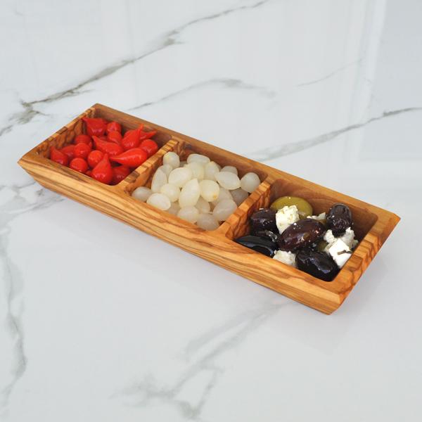Naturally Med Olive Wood Triple Dipping Bowl – Square – 9.5″