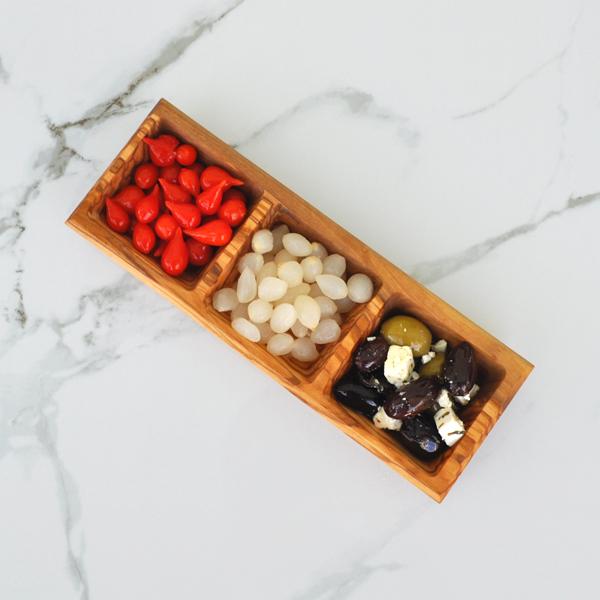 naturally med Olive Wood Triple Dipping Bowl – Square – 9.5″