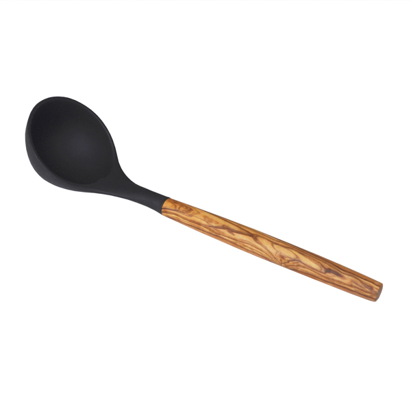Naturally Med Silicone Ladle (Black) With Olive Wood Handle – 12″