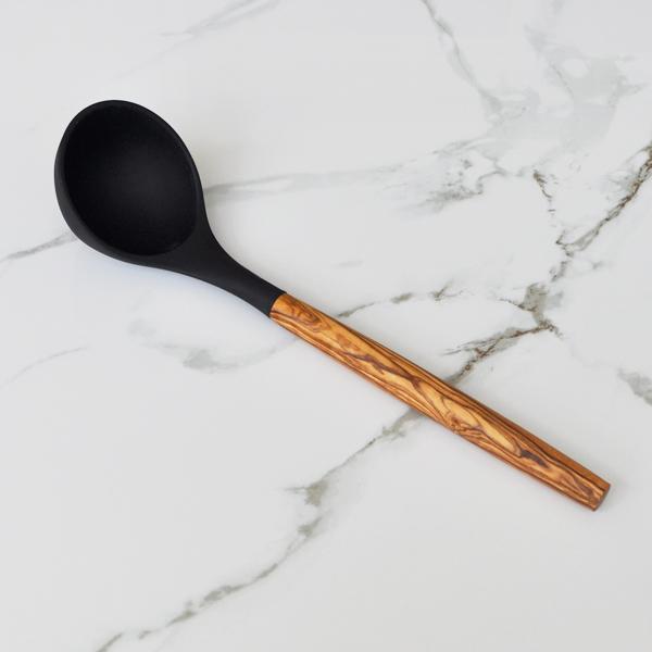 naturally med Silicone Ladle (Black) with Olive Wood Handle – 12″