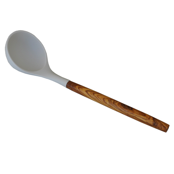 Naturally Med Silicone Ladle (White) With Olive Wood Handle – 12″