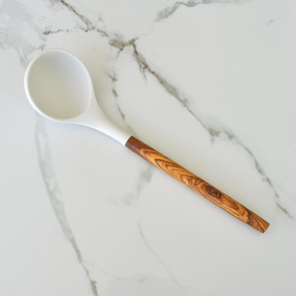 naturally med Silicone Ladle (White) with Olive Wood Handle – 12″