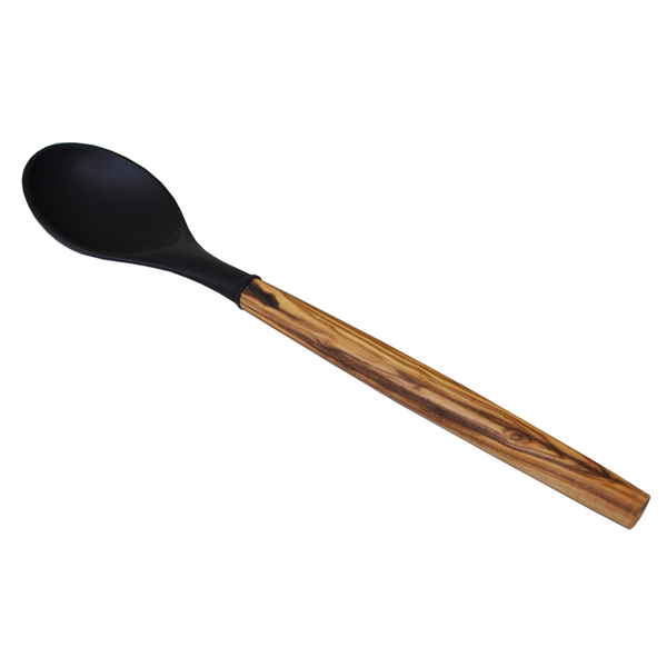 Naturally Med Silicone Round Spoon (Black) With Olive Wood Handle – 12″
