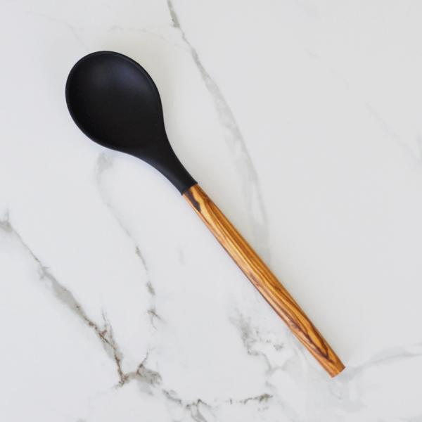 naturally med Silicone Round Spoon (Black) with Olive Wood Handle – 12″