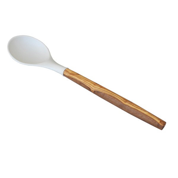 Naturally Med Silicone Round Spoon (White) With Olive Wood Handle – 12″
