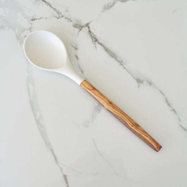 naturally med Silicone Round Spoon (White) with Olive Wood Handle – 12″