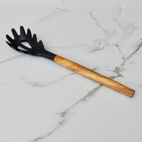 Naturally Med Silicone Spaghetti Server (Black) With Olive Wood Handle – 12″