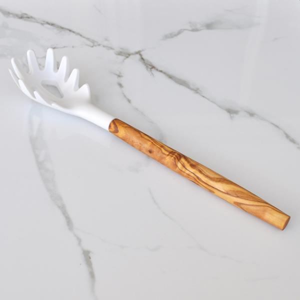 Naturally Med Silicone Spaghetti Server (White) With Olive Wood Handle – 12″