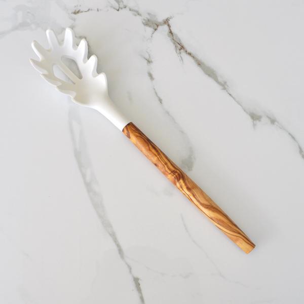 naturally med Silicone Spaghetti Server (White) with Olive Wood Handle – 12″