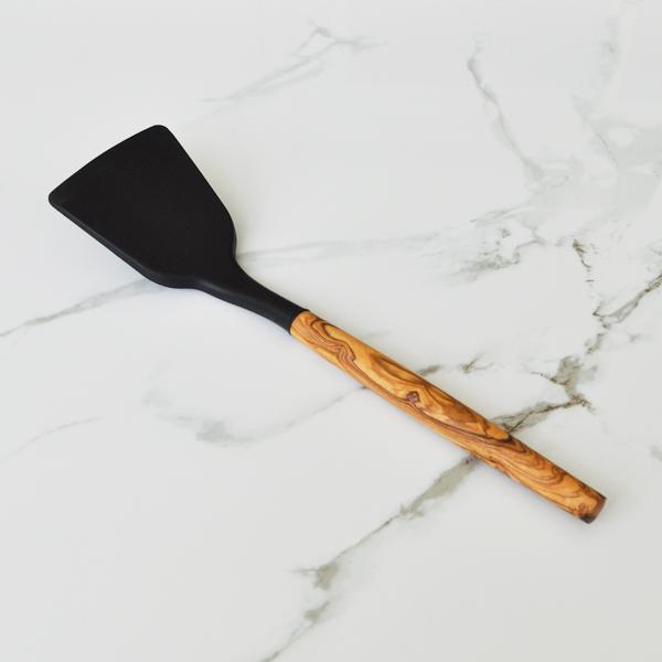 Naturally Med Silicone Turner (Black) With Olive Wood Handle – 12″