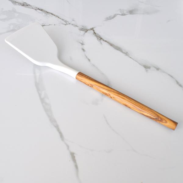 Naturally Med Silicone Turner (White) With Olive Wood Handle – 12″