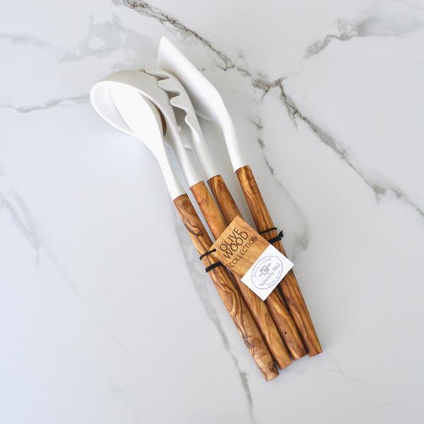 Naturally Med White Silicone And Olive Wood Utensils – Set Of 4