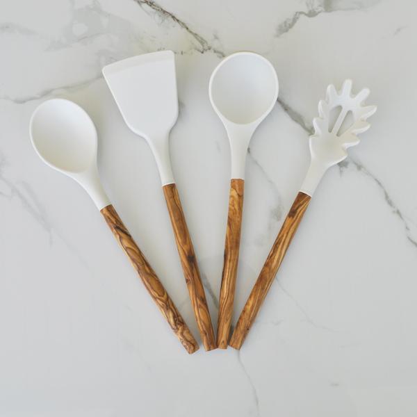 naturally med White Silicone and Olive Wood Utensils – Set of 4