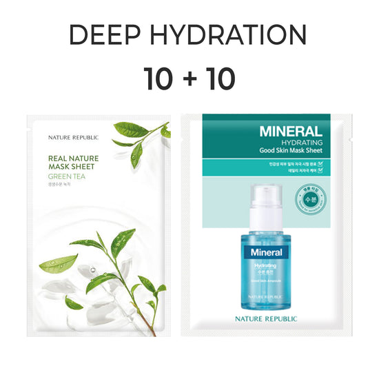 nature republic [10+10] Deep Hydration Mask Sheet Set (Real Nature Green Tea 10 + Good Skin Mineral 10)