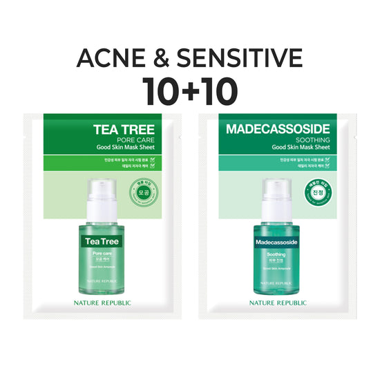 Nature Republic [10+10] Good Skin Acne & Sensitive Mask Sheets (Tea Tree 10 + Madecassoside 10) W/ FREE Org. Aloe Vera Gel