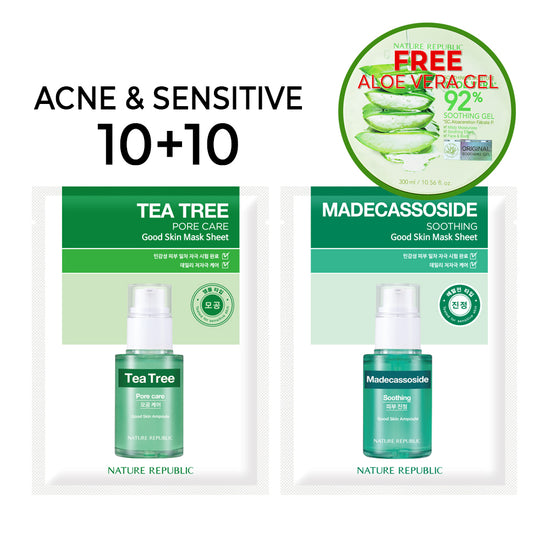 nature republic [10+10] Good Skin Acne & Sensitive Mask Sheets (Tea Tree 10 + Madecassoside 10) w/ FREE Org. Aloe Vera Gel