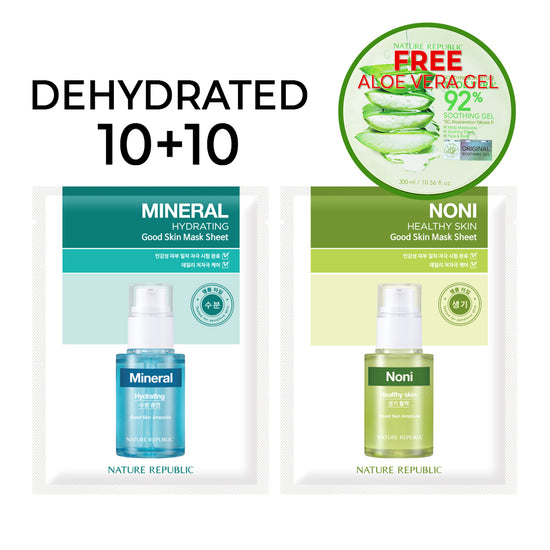 nature republic [10+10] Good Skin Dehydrated Mask Sheets (Mineral 10 + Noni 10) w/ FREE Org. Aloe Vera Gel
