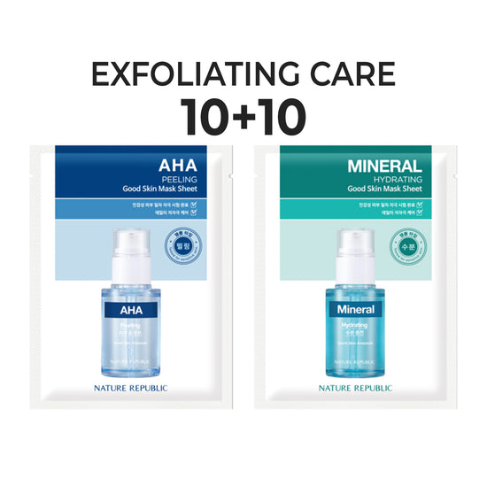 Nature Republic [10+10] Good Skin Exfoliating Care Mask Sheets (AHA 10 + Mineral 10) W/ FREE Org. Aloe Vera Gel