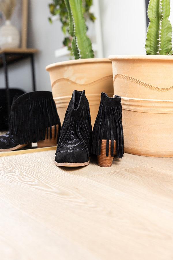 naughty monkey Amos Fringe Ankle Bootie in Black Suede