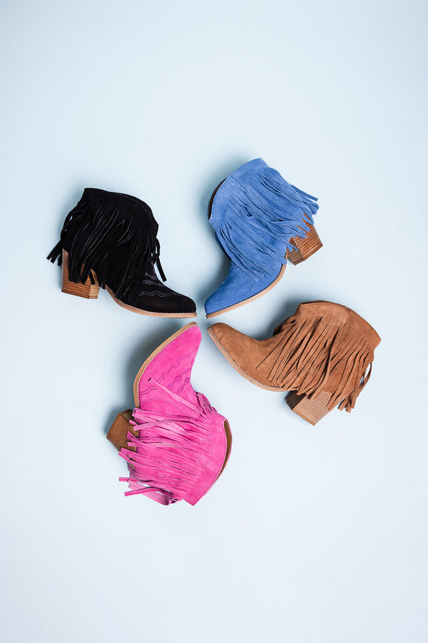Naughty Monkey Amos Fringe Ankle Bootie In Blue Suede