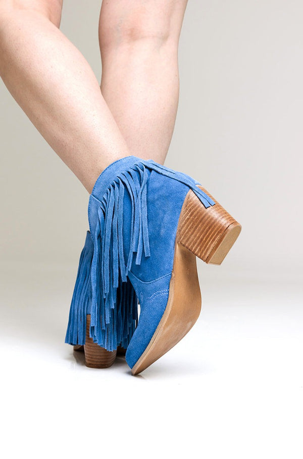 naughty monkey Amos Fringe Ankle Bootie in Blue Suede