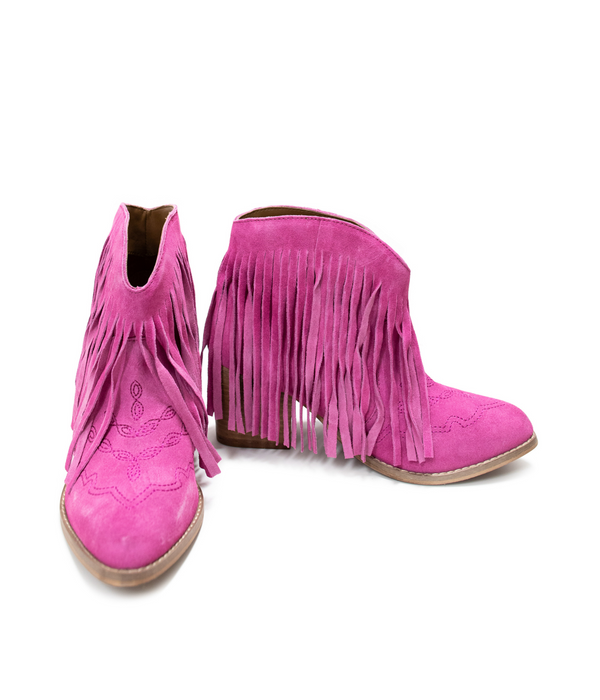 Naughty Monkey Amos Fringe Ankle Bootie In Magenta Suede