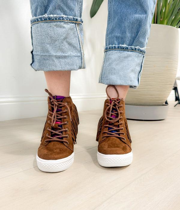 Naughty Monkey Nick Fringe Sneaker Wedge In Brown