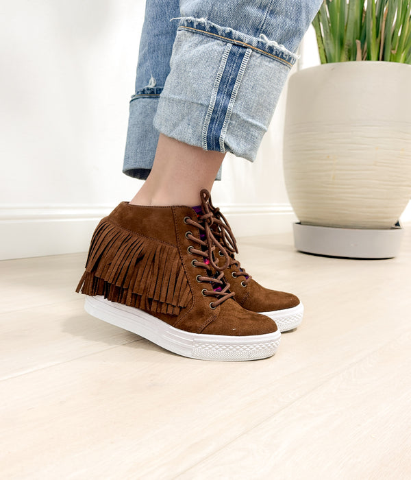 Naughty Monkey Nick Fringe Sneaker Wedge In Brown