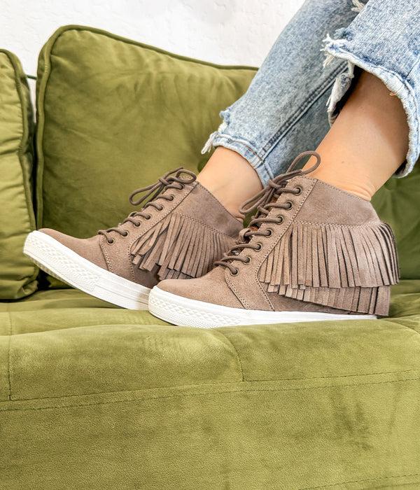 Naughty Monkey Nick Fringe Sneaker Wedge In Taupe
