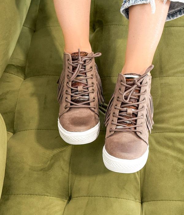 Naughty Monkey Nick Fringe Sneaker Wedge In Taupe